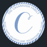 Elegant Blue Silver Foil Stripe Monogram Address Classic Round Sticker<br><div class="desc">Elegant Christmas or Hanukkah Blue Silver Foil Stripe Monogram Address Sticker featuring stylish faux blue and silver stripes and a modern script monogram with space for your custom address. Easy to customize with text, fonts, and colors. Created by Zazzle pro designer BK Thompson © exclusively for Kate’s Creations; please contact...</div>