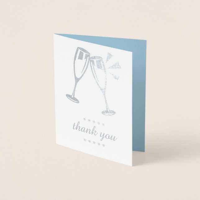 Elegant Blue Silver Foil Wedding Thank You Cards (Front)