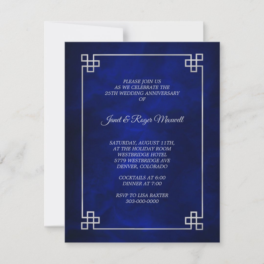 Elegant Blue Silver Frame 25th Wedding Anniversary Invitation | Zazzle