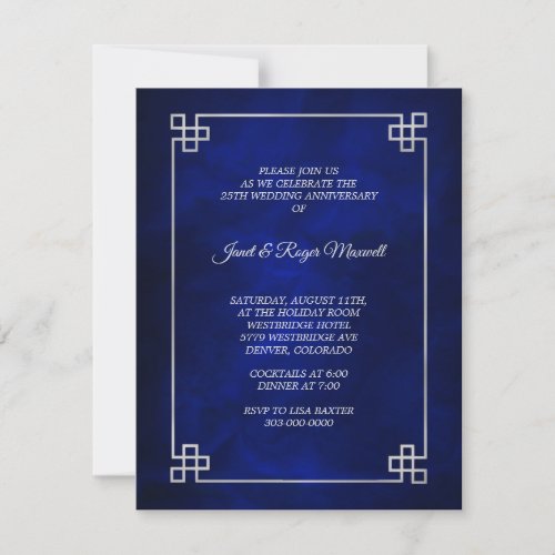 Elegant Blue Silver Frame 25th Wedding Anniversary Invitation