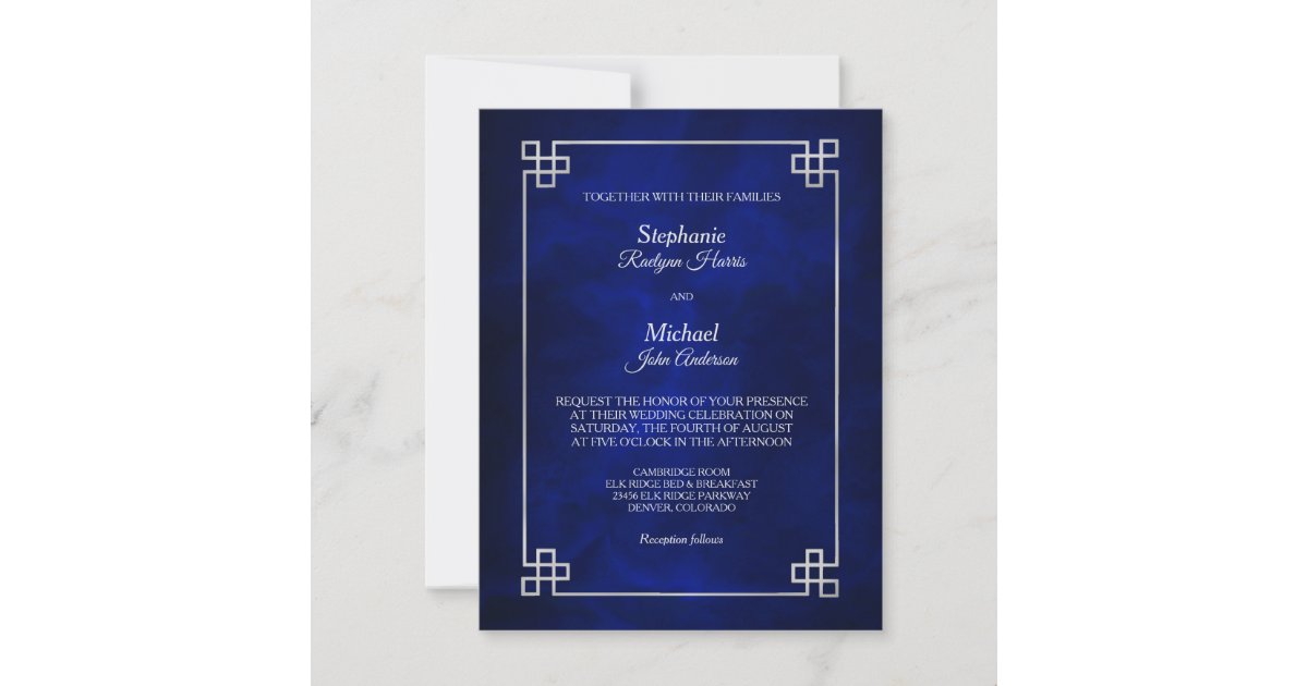 Elegant Blue Silver Frame Wedding Invitation | Zazzle