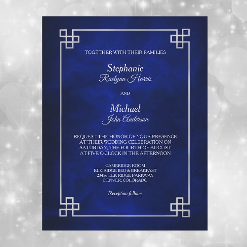 Elegant Blue Silver Frame Wedding Invitation