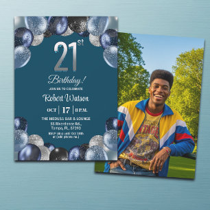 Elegant Blue Silver Glitter 21st Birthday Photo Invitation