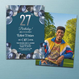 Elegant Blue Silver Glitter 27th Birthday Photo Invitation