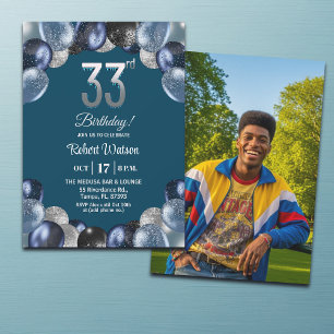 Elegant Blue Silver Glitter 33rd Birthday Photo Invitation