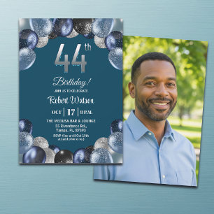 Elegant Blue Silver Glitter 44th Birthday Photo Invitation