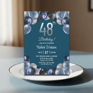 Elegant Blue Silver Glitter 48th Birthday Party Invitation