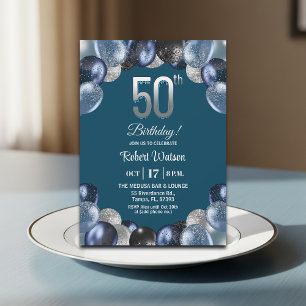 Elegant Blue Silver Glitter 50th Birthday Party Invitation