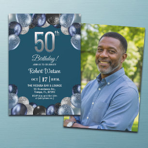 Elegant Blue Silver Glitter 50th Birthday Photo Invitation