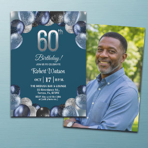 Elegant Blue Silver Glitter 60th Birthday Photo Invitation