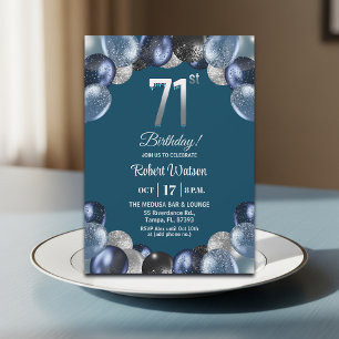 Elegant Blue Silver Glitter 71st Birthday Party Invitation