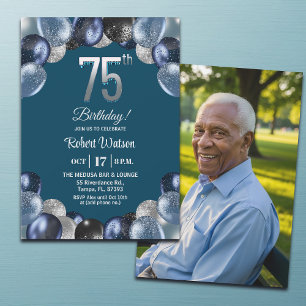Elegant Blue Silver Glitter 75th Birthday Photo Invitation