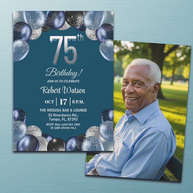 Elegant Blue Silver Glitter 75th Birthday Photo Invitation (Creator Uploaded)