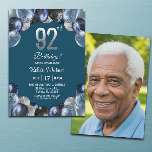 Elegant Blue Silver Glitter 92nd Birthday Photo Invitation