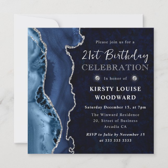 Elegant Blue & Silver Glitter Agate 21st Birthday Invitation (Front)