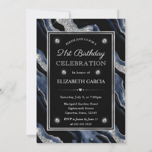 Elegant Blue & Silver Glitter Agate 21st Birthday Invitation