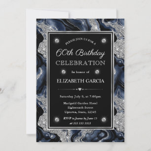 Elegant blue & Silver Glitter Agate 60th Birthday Invitation