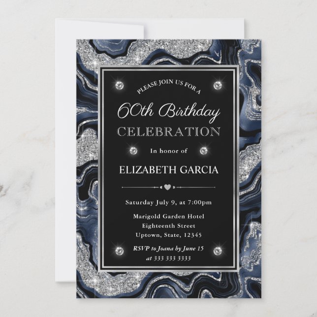 Elegant blue & Silver Glitter Agate 60th Birthday Invitation (Front)
