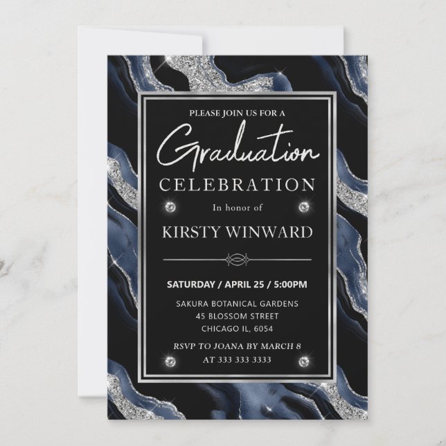 Elegant Blue & Silver Glitter Agate Graduation Invitation (Front)