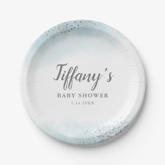 Elegant Blue Silver Glitter Baby Shower Paper Plates (Front)