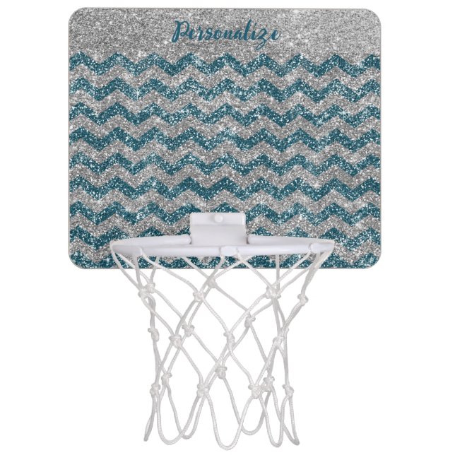 Elegant  Blue Silver Glitter Chevron Zig Zag Mini Basketball Hoop (Front)