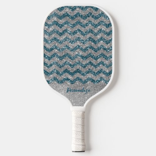 Elegant  Blue Silver Glitter Chevron Zig Zag Pickleball Paddle