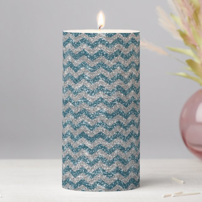 Elegant Blue Silver Glitter Chevron Zig Zag Stripe Pillar Candle (In Situ)