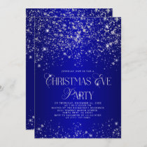 Elegant Blue Silver Glitter Christmas Eve Party Invitation