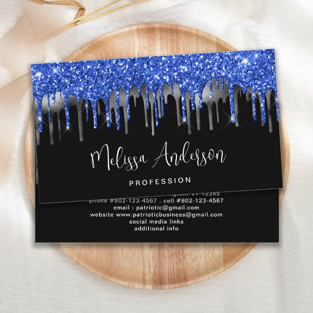 Elegant Blue Silver Glitter Drips Black Modern  Business Card (Creator Uploaded)