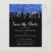 Elegant Blue Silver Glitter Drips Save The Date Announcement Postcard (Front)
