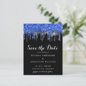 Elegant Blue Silver Glitter Drips Save The Date Announcement Postcard (Standing Front)