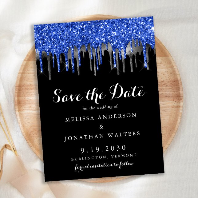 Elegant Blue Silver Glitter Drips Save The Date Announcement Postcard