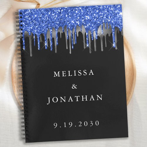 Elegant Blue Silver Glitter Drips Wedding Guest Notebook
