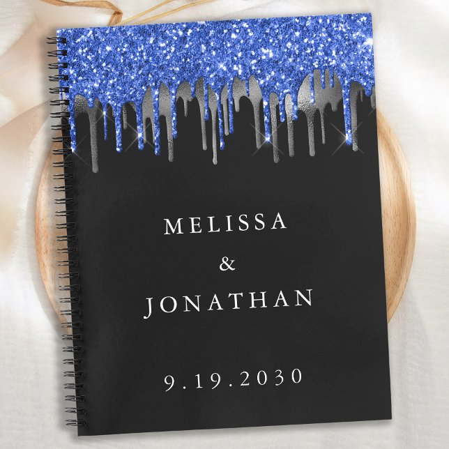 Elegant Blue Silver Glitter Drips Wedding Guest Notebook (Creator Uploaded)