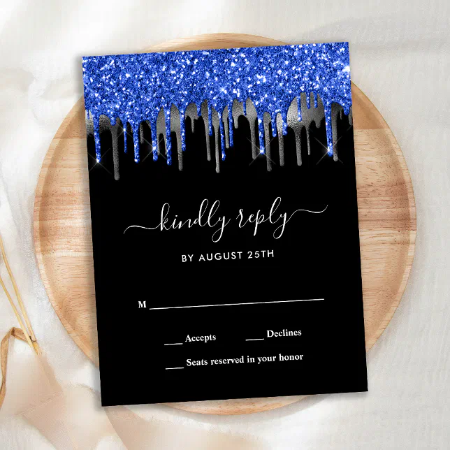 Elegant Blue Silver Glitter Drips Wedding RSVP Invitation Postcard Zazzle