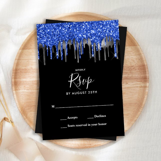 Elegant Blue Silver Glitter Drips Wedding RSVP Note Card (Creator Uploaded)