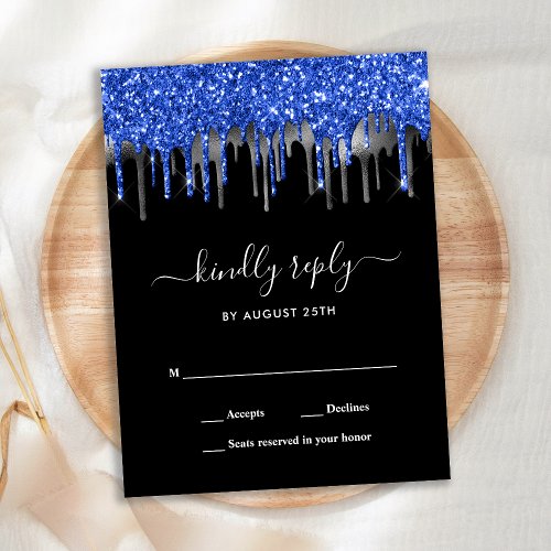 Elegant Blue Silver Glitter Drips Wedding RSVP Postcard