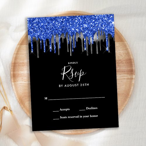 Elegant Blue Silver Glitter Drips Wedding RSVP Postcard