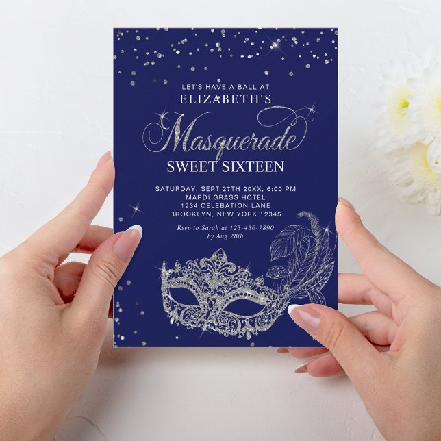 Elegant Blue Silver Glitter Masquerade Sweet 16 Invitation (Creator Uploaded)