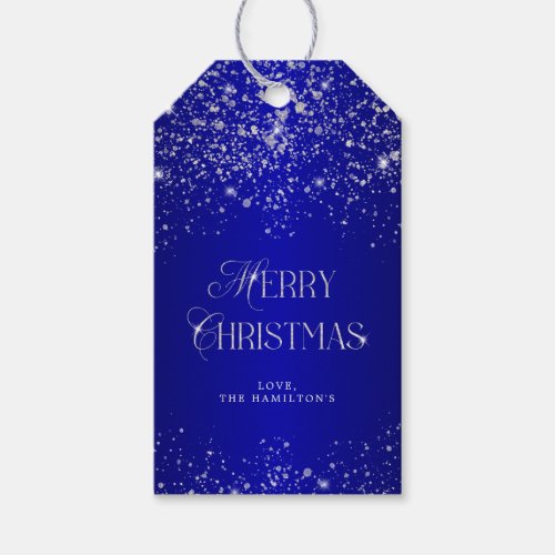 Elegant Blue Silver Glitter Merry Christmas Gift Tags