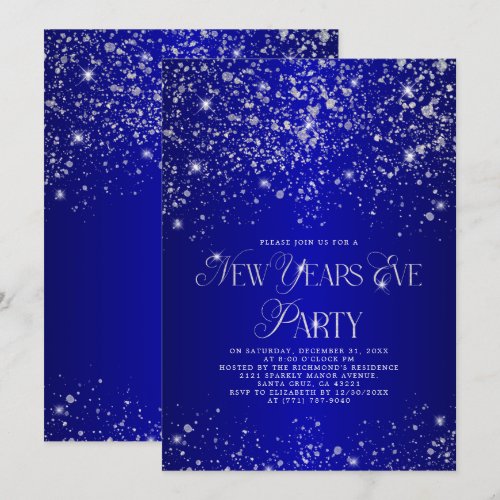 Elegant Blue Silver Glitter New Years Eve Party Invitation