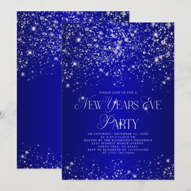 Elegant Blue Silver Glitter New Years Eve Party Invitation (Front/Back)