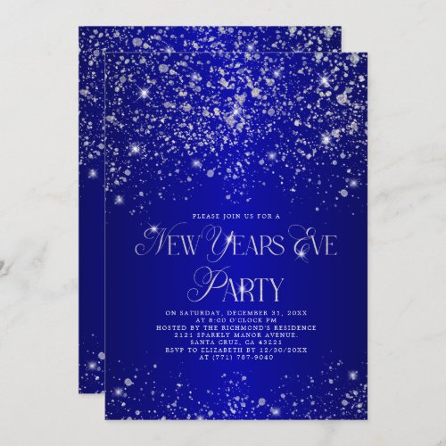 Elegant Blue Silver Glitter New Years Eve Party Invitation