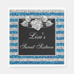 Elegant Blue Silver Glitter Silver Rose Sweet 16 Napkins