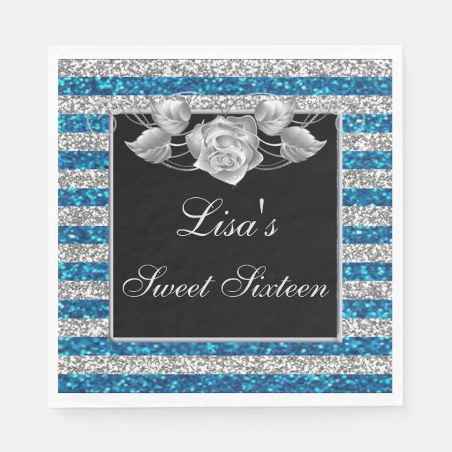 Elegant Blue Silver Glitter Silver Rose Sweet 16 Napkins (Front)