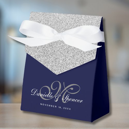 Elegant Blue Silver Glitter Wedding Thank You Favor Boxes