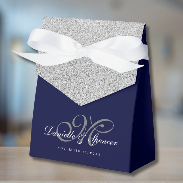 Elegant Blue Silver Glitter Wedding Thank You Favor Boxes (Blue and Silver Favor Box)