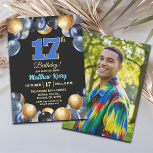 Elegant Blue Silver Gold 17th Birthday Photo Invitation