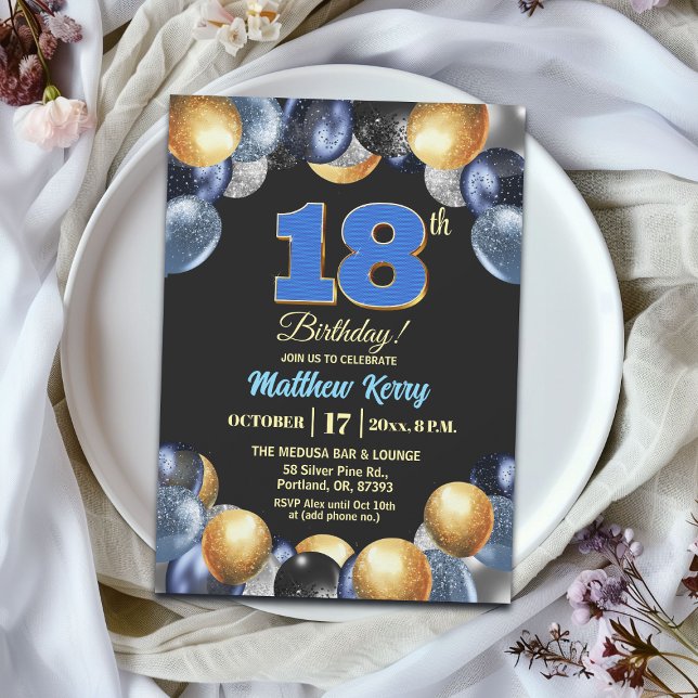 Elegant Blue Silver Gold 18th Birthday Party Invitation (Creator Uploaded)