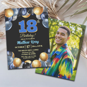 Elegant Blue Silver Gold 18th Birthday Photo Invitation